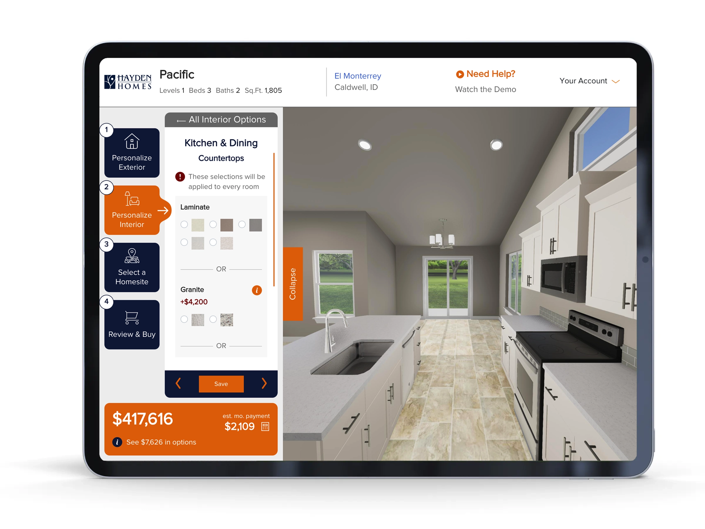 ipad displaying a screenshot of personalizing a new home in the ipad tool